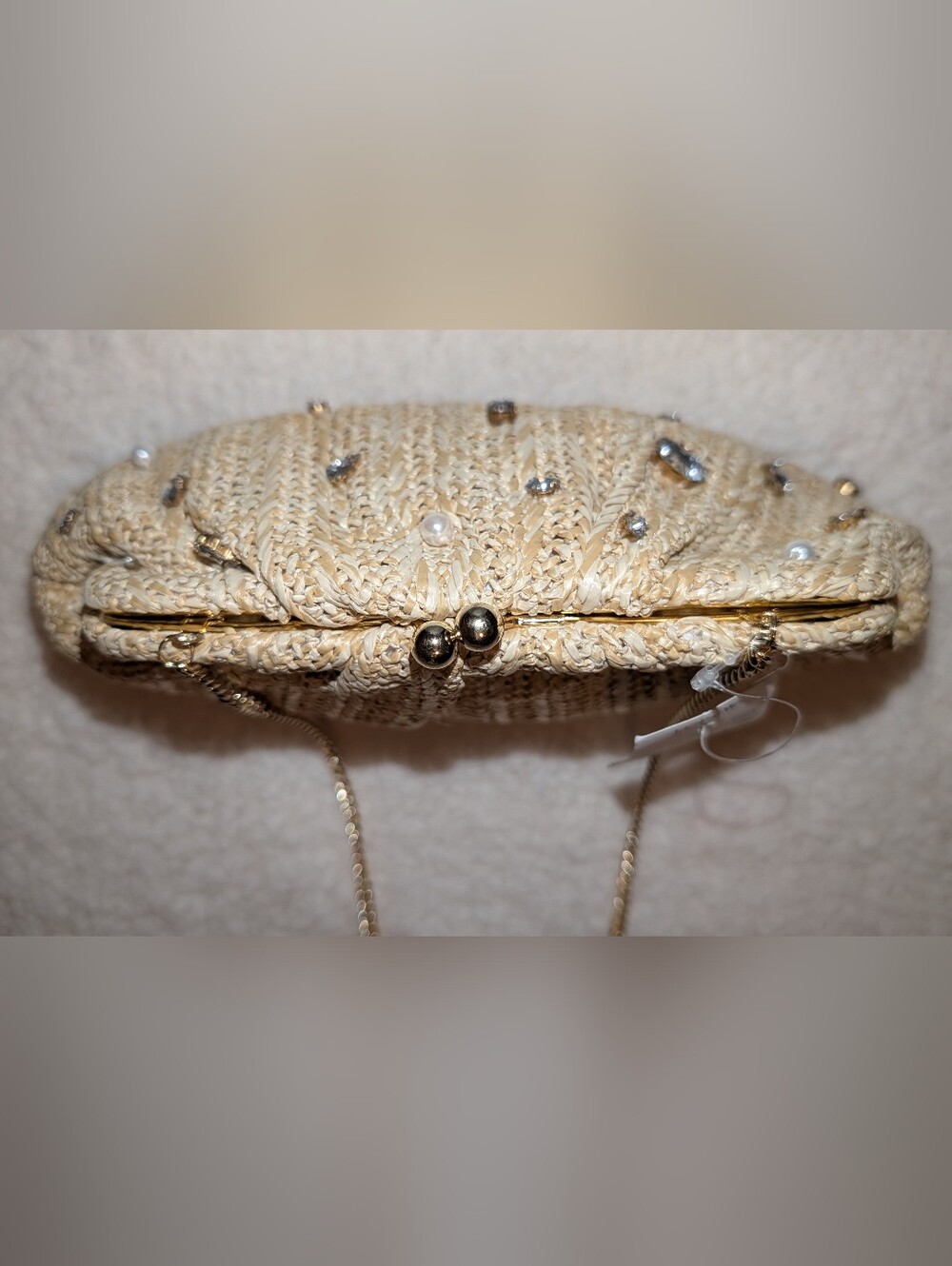 J. Crew Jeweled Woven Clutch Crossbody With Chain Strap Natural Raffia NWT - Picture 5 of 11